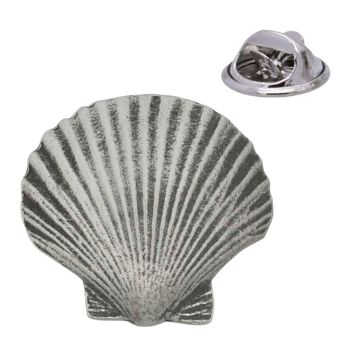 Scallop shell antique pewter lapel pin badge with butterfly clasp
