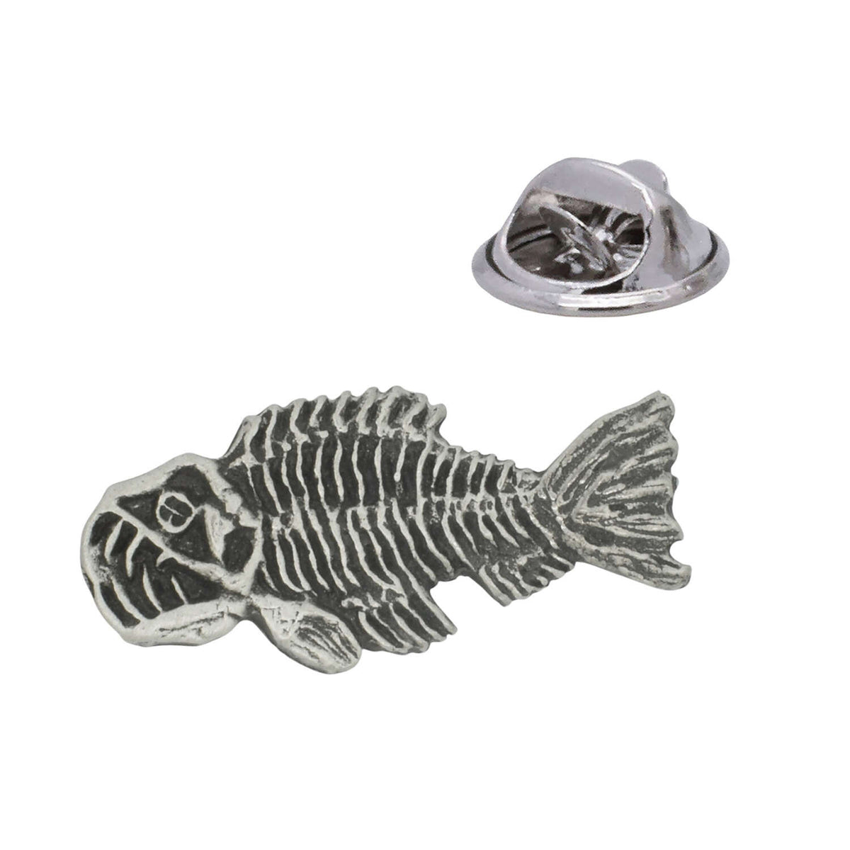 Fossil fish skeleton antique pewter lapel pin badge with butterfly clasp