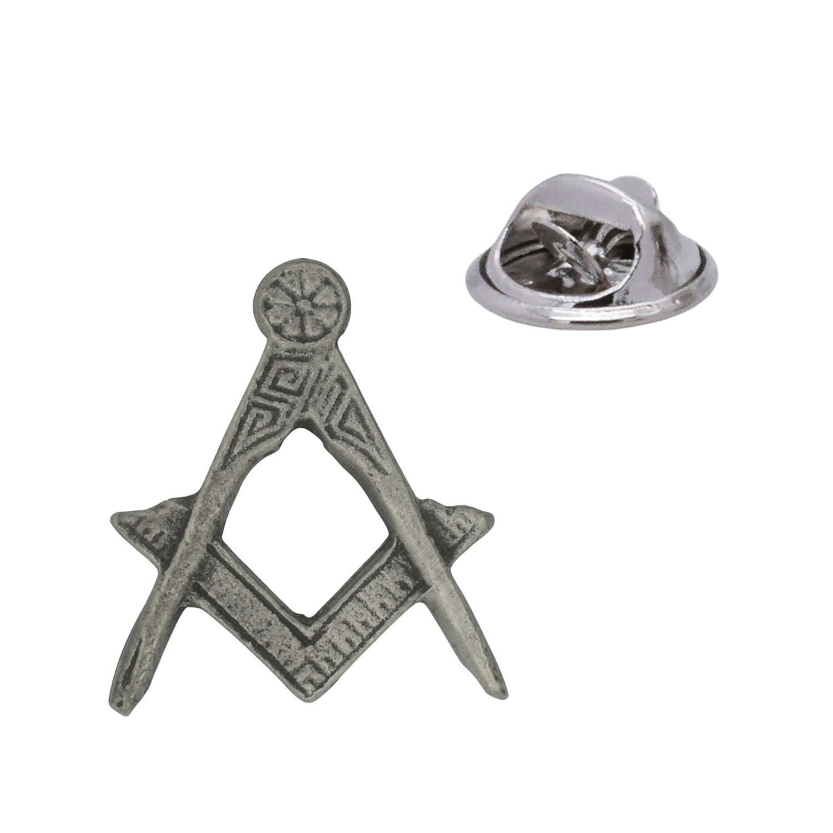 Open-centre Masonic square and compasses pewter lapel pin badge without G and butterfly clasp