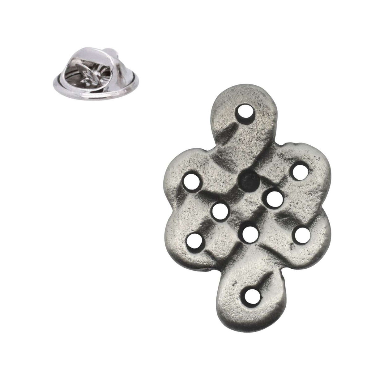 Celtic cross pewter lapel pin badge with pierced openwork design, antique silver finish and butterfly clasp