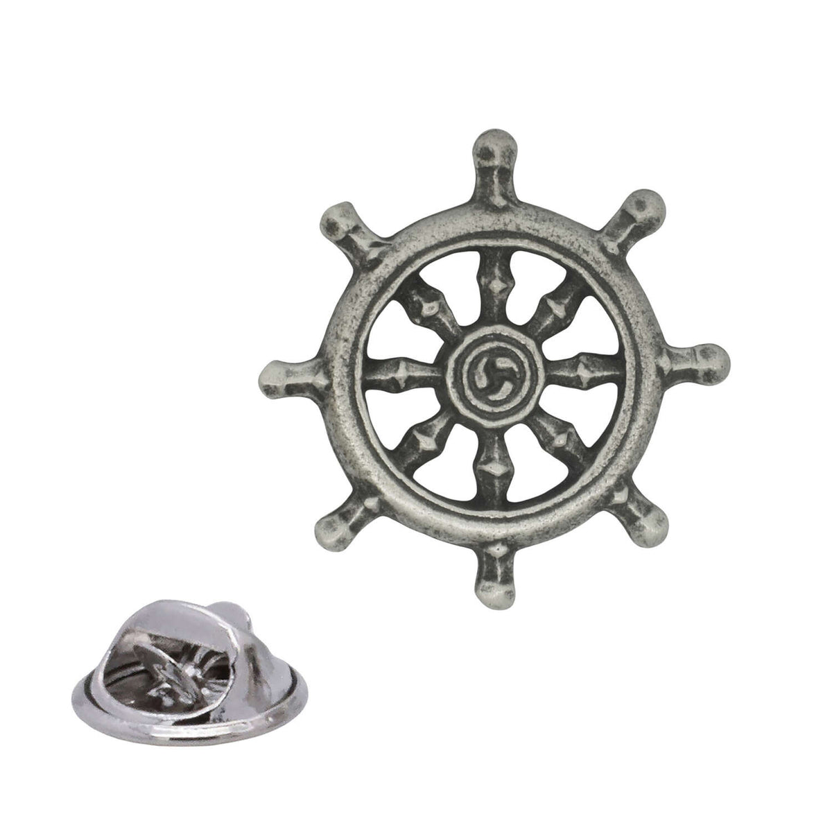 Eight-spoked Wheel of Dharma Buddhist symbol pewter lapel pin badge with butterfly clasp