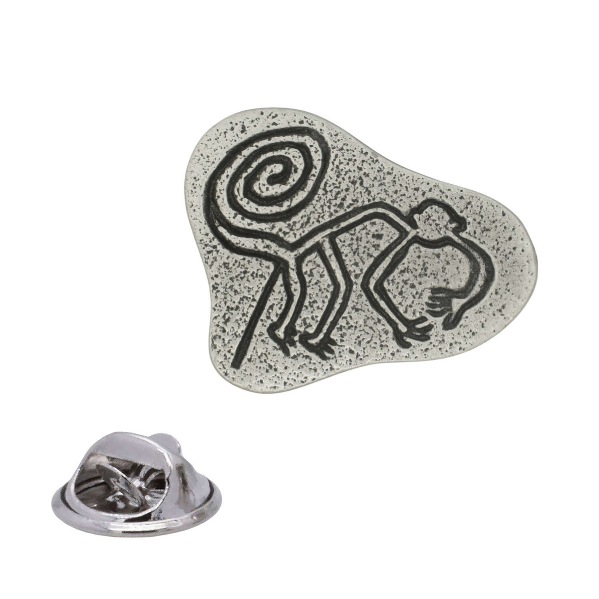 Nazca Monkey geoglyph spiral tail antique silver pewter lapel pin badge with butterfly clasp