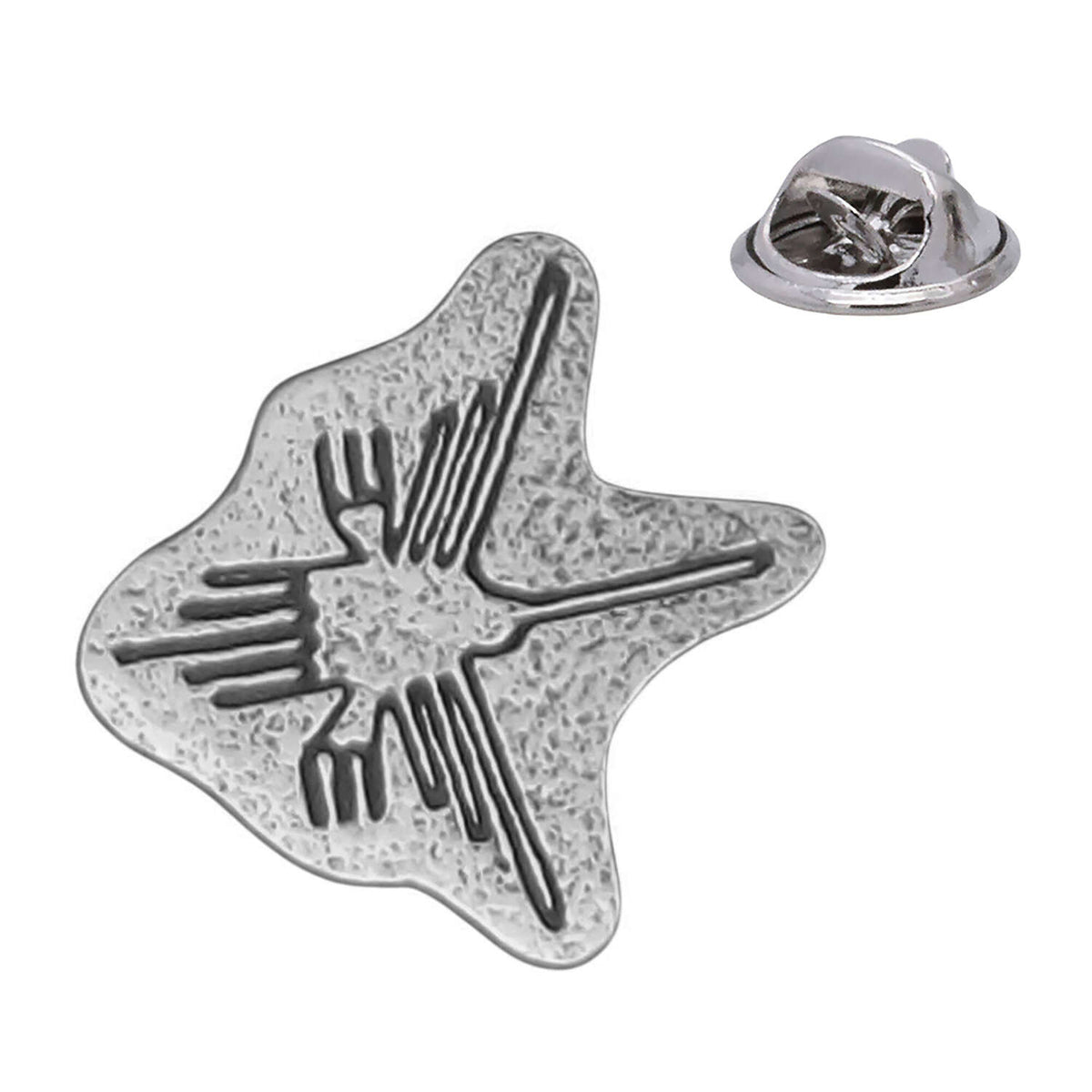 Nazca Hummingbird Peruvian geoglyph antique silver pewter lapel pin badge with butterfly clasp