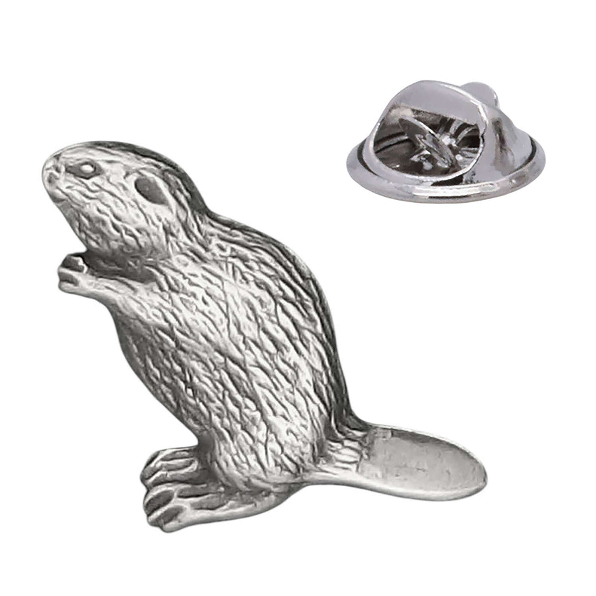 Beaver animal antique silver pewter lapel pin with textured fur and flat tail, butterfly clasp
