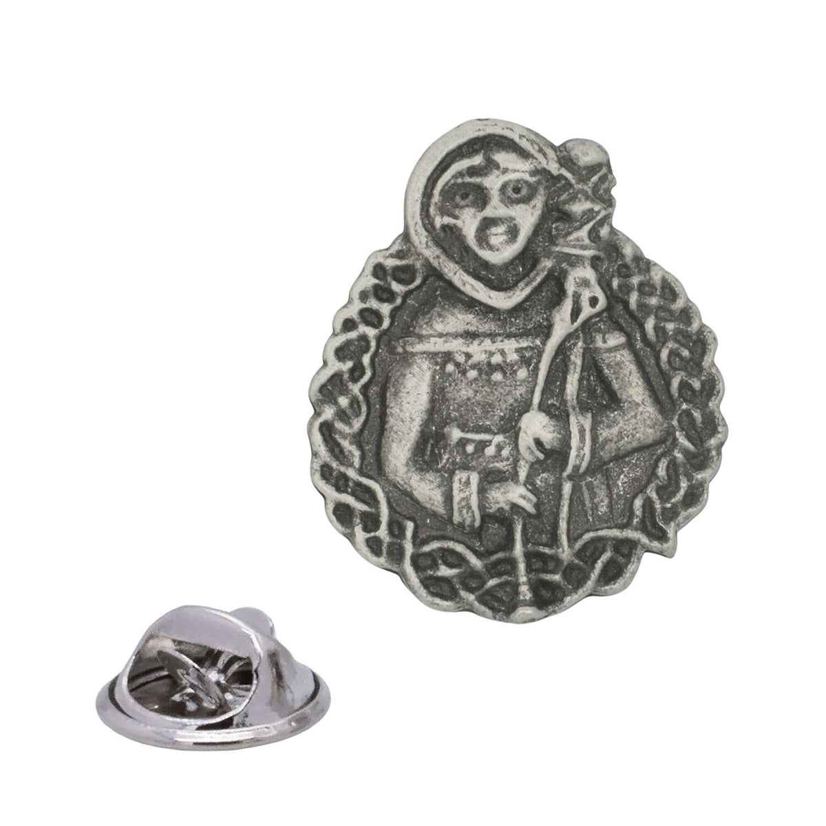 Frigga Norse goddess antique silver pewter lapel pin with decorative Celtic-style knotwork and butterfly clasp