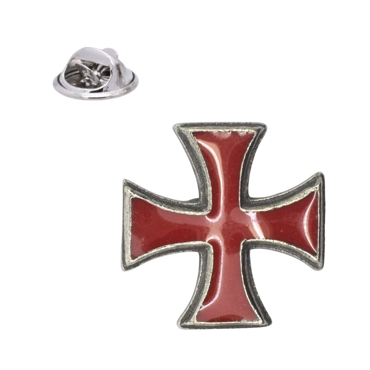 Celtic cross pattée red enamel-style pewter lapel pin with antique silver border and butterfly clasp