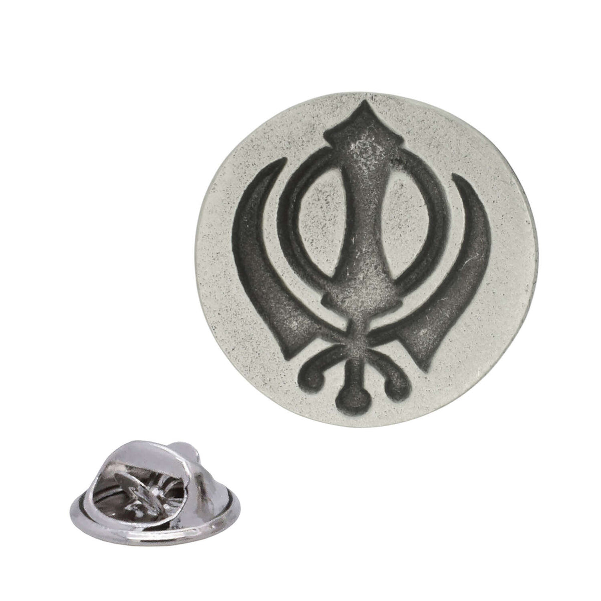 Khanda Sikh faith emblem antique silver pewter lapel pin with butterfly clasp