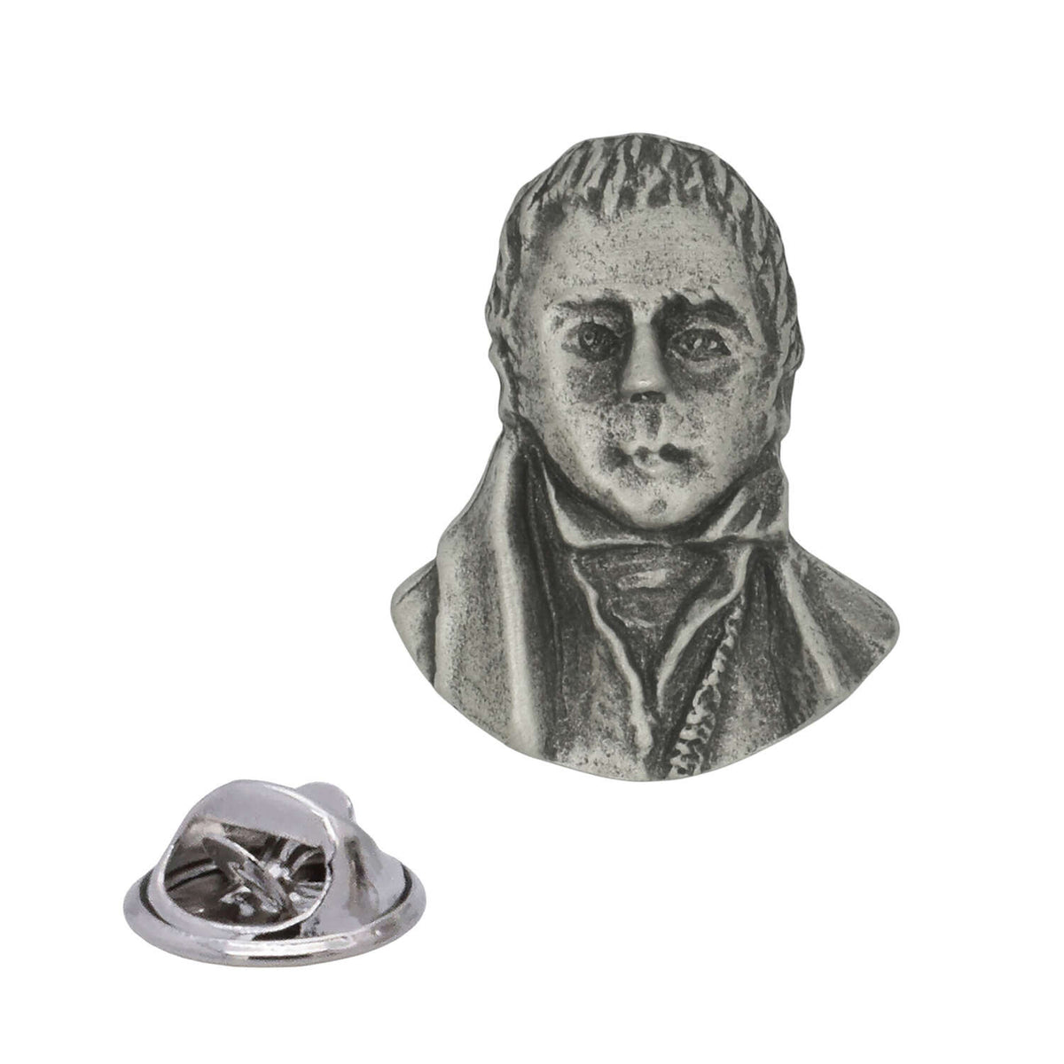 Sir Walter Scott portrait antique silver pewter lapel pin badge with butterfly clasp