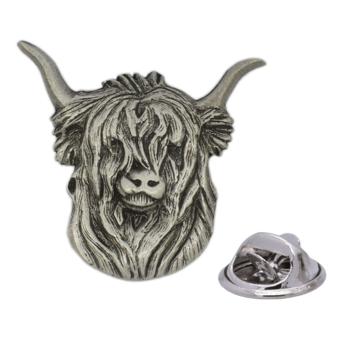 Highland cow head antique silver pewter lapel pin with shaggy fringe, curved horns and butterfly clasp