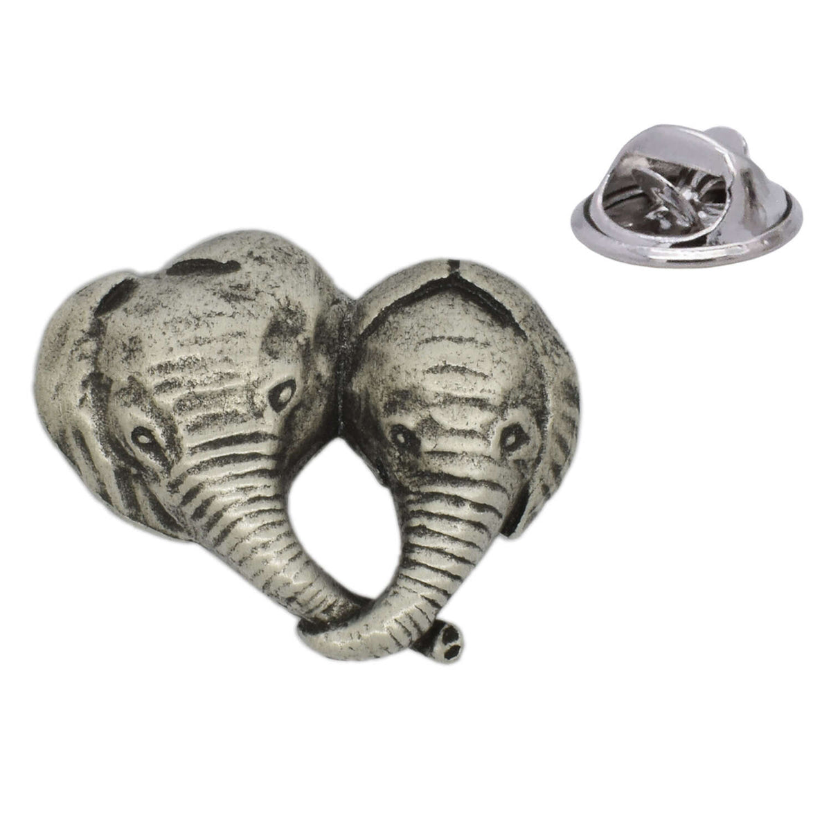 Two elephants intertwining their trunks antique silver pewter lapel pin badge with butterfly clasp