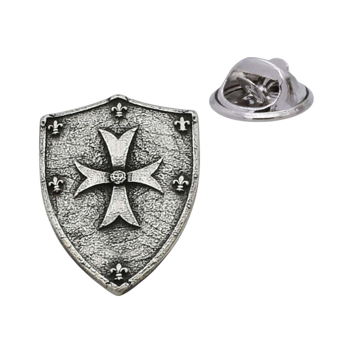 Crusader shield with flared cross and fleur-de-lis antique silver pewter lapel pin with butterfly clasp