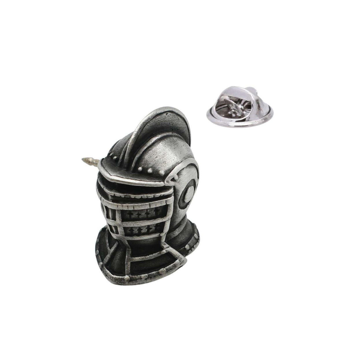 Medieval knight helmet antique silver pewter lapel pin badge with barred visor and butterfly clasp