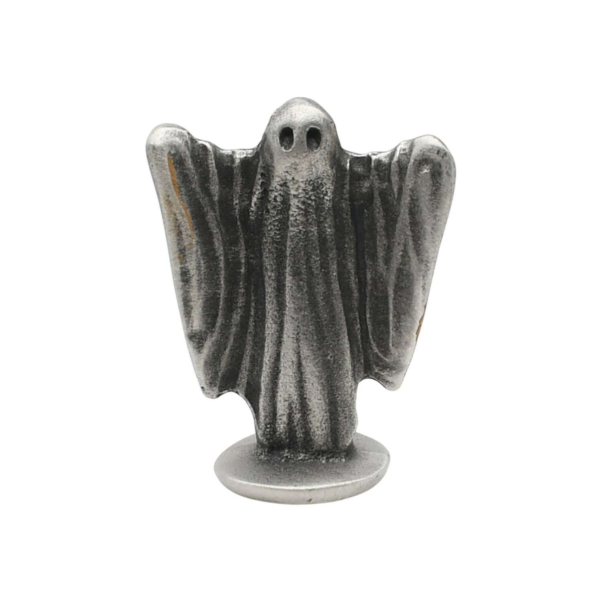 English-made pewter ghost ornament with eye openings, raised flowing arms and circular base front view XDHORN0541