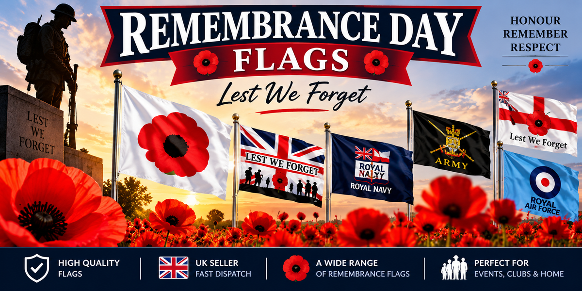 Remembrance Day poppy and Lest We Forget flags from Trophies-Awards