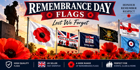 Remembrance Day poppy and Lest We Forget flags from Trophies-Awards
