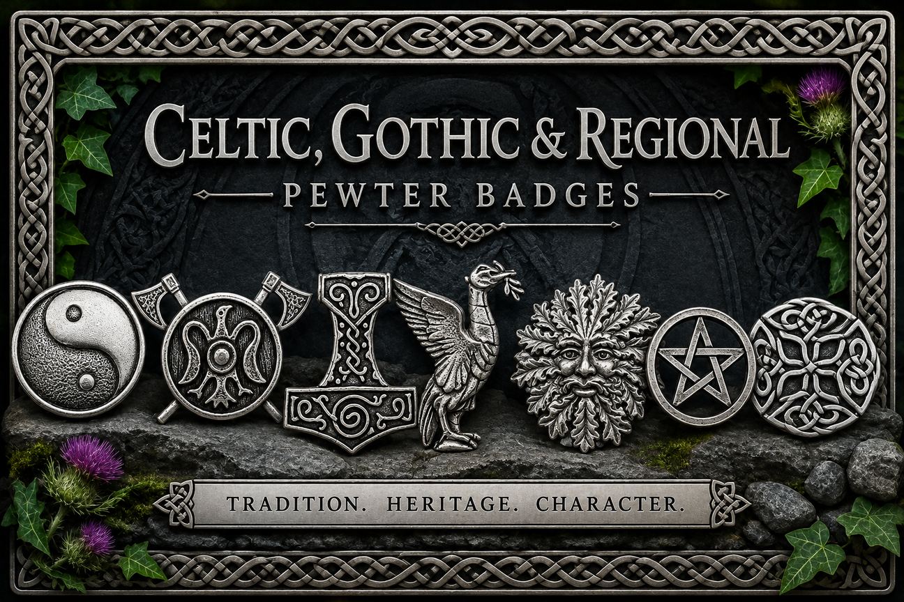 Celtic, Gothic and Regional Pewter Badges featuring Celtic knots, Green Man, Thor’s Hammer, pentagram and traditional symbols