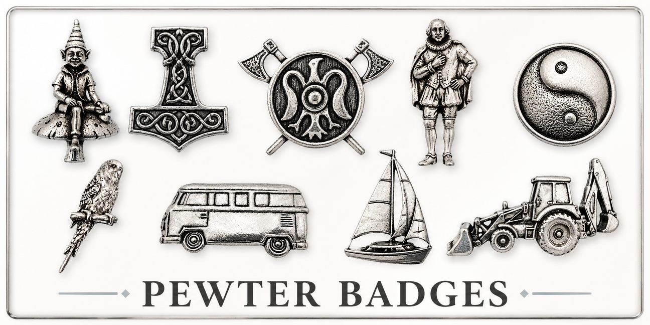 Pewter badges collection featuring animals, transport, Celtic and traditional designs