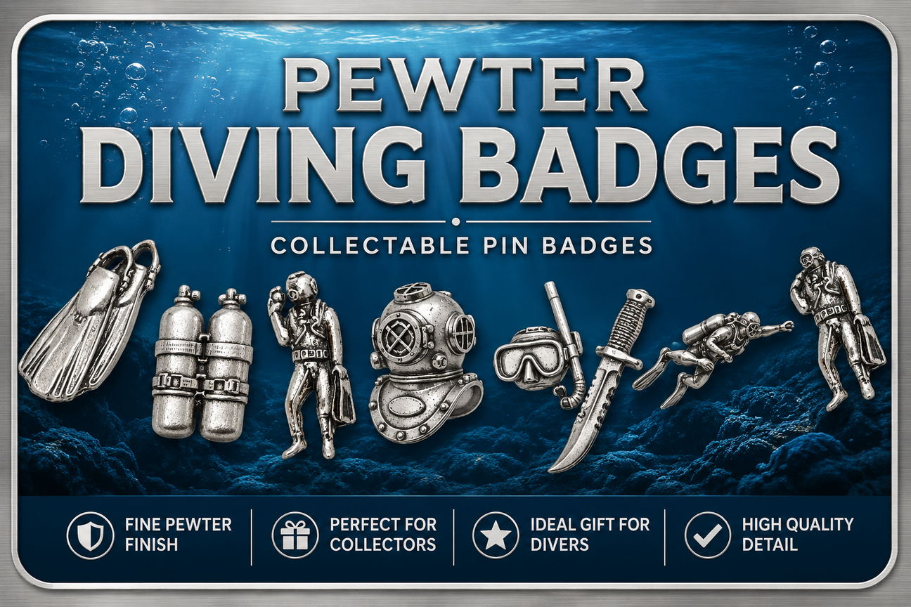 Pewter diving badges collection featuring scuba divers, diving helmets, tanks, flippers, masks and snorkels
