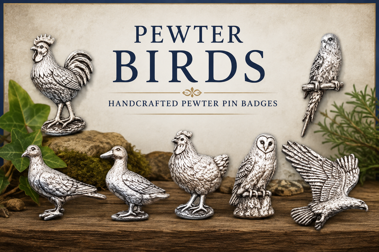 Collection of handcrafted pewter bird pin badges featuring owls, eagles, parrots, ducks, pigeons, roosters and other bird designs.