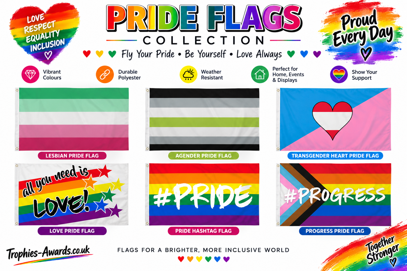 Pride Flags and LGBTQ+ Flags Collection including Rainbow, Progress Pride, Agender and Abrosexual flags