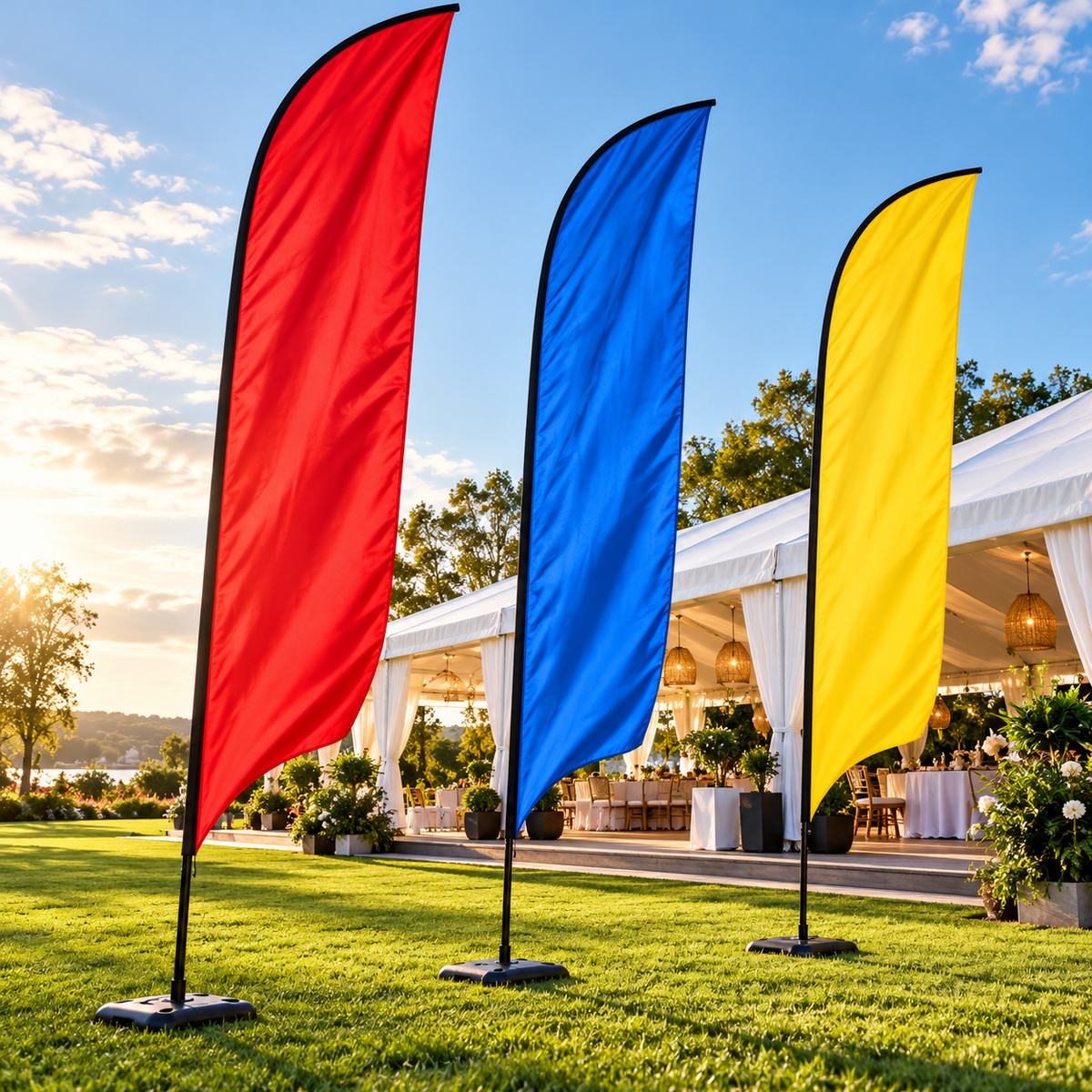 Colourful advertising feather flags outside an event pavilion