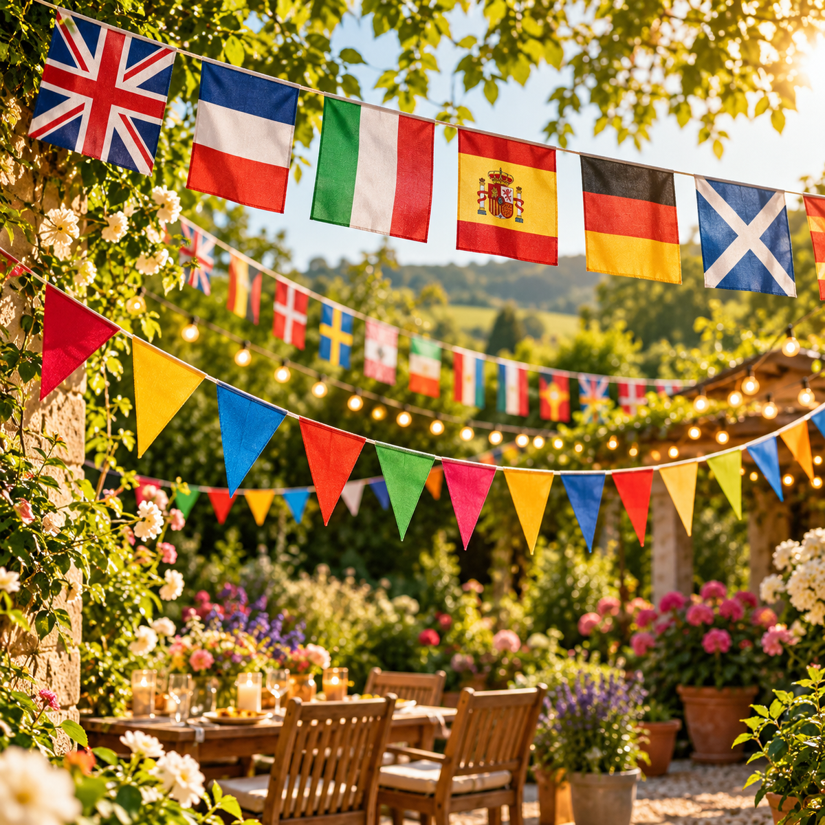 12m Bunting – colourful bunting in a summer garden