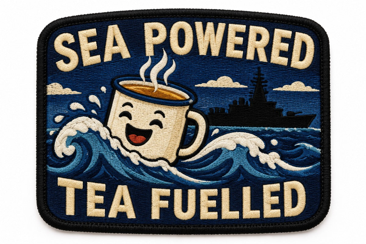 Sea Powered Tea Fuelled - Navy Embroidered Patches