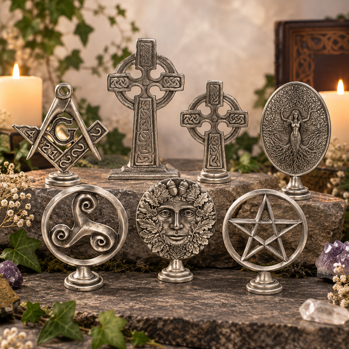 Freestanding pewter Celtic, Pagan, Masonic and symbolic altar ornaments in a candlelit display