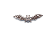 Detailed pewter bat pin badge with outstretched wings and butterfly clutch fastening on a white background.