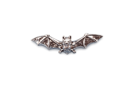 Detailed pewter bat pin badge with outstretched wings and butterfly clutch fastening on a white background.