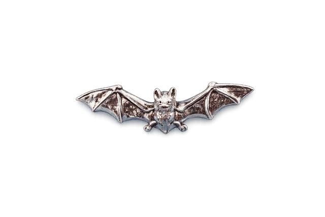 Detailed pewter bat pin badge with outstretched wings and butterfly clutch fastening on a white background.