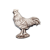 Handcrafted pewter cockerel pin badge featuring a detailed rooster design.