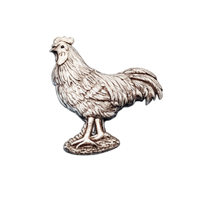 Handcrafted pewter cockerel pin badge featuring a detailed rooster design.