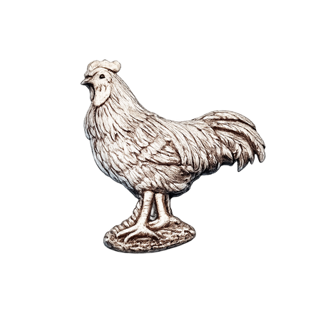 Handcrafted pewter cockerel pin badge featuring a detailed rooster design.