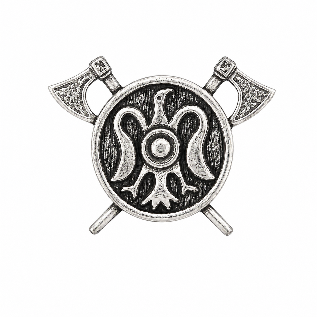 Viking raven shield pewter pin badge with Norse Nordic decoration