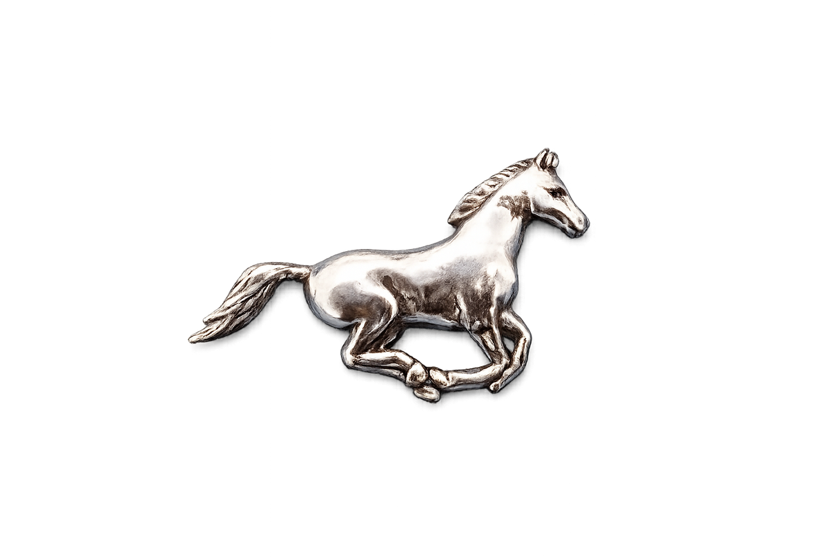 Detailed handcrafted pewter Running Horse pin badge featuring a galloping horse with flowing mane and tail and butterfly clutch fastening.