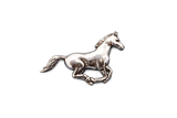 Detailed handcrafted pewter Running Horse pin badge featuring a galloping horse with flowing mane and tail and butterfly clutch fastening.