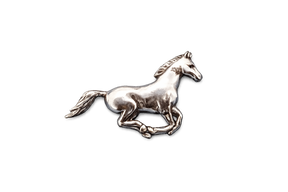 Detailed handcrafted pewter Running Horse pin badge featuring a galloping horse with flowing mane and tail and butterfly clutch fastening.