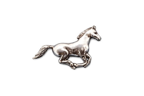 Detailed handcrafted pewter Running Horse pin badge featuring a galloping horse with flowing mane and tail and butterfly clutch fastening.