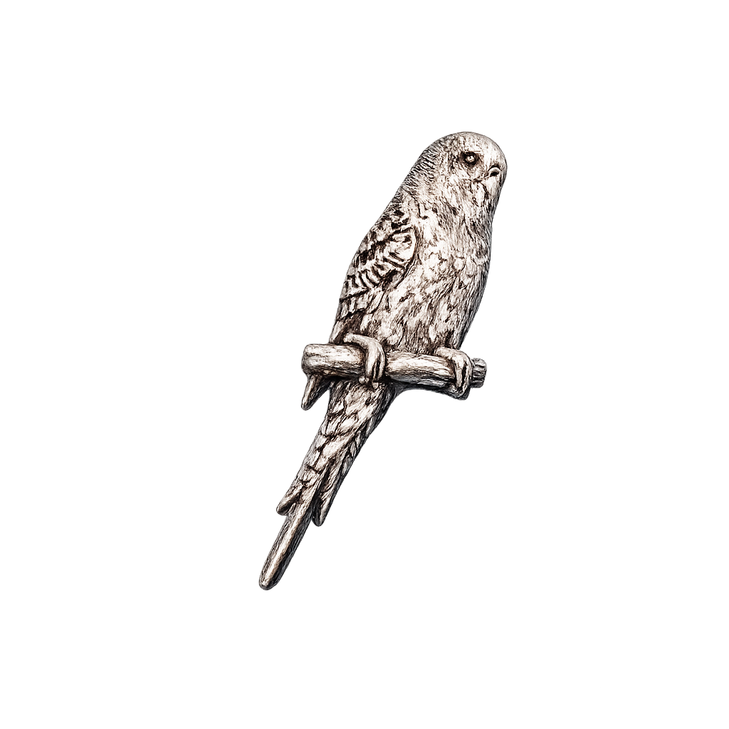 Handcrafted pewter budgerigar pin badge featuring a budgie perched on a branch.