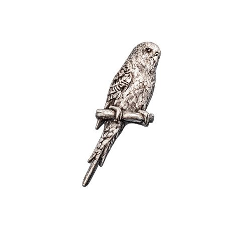 Handcrafted pewter budgerigar pin badge featuring a budgie perched on a branch.