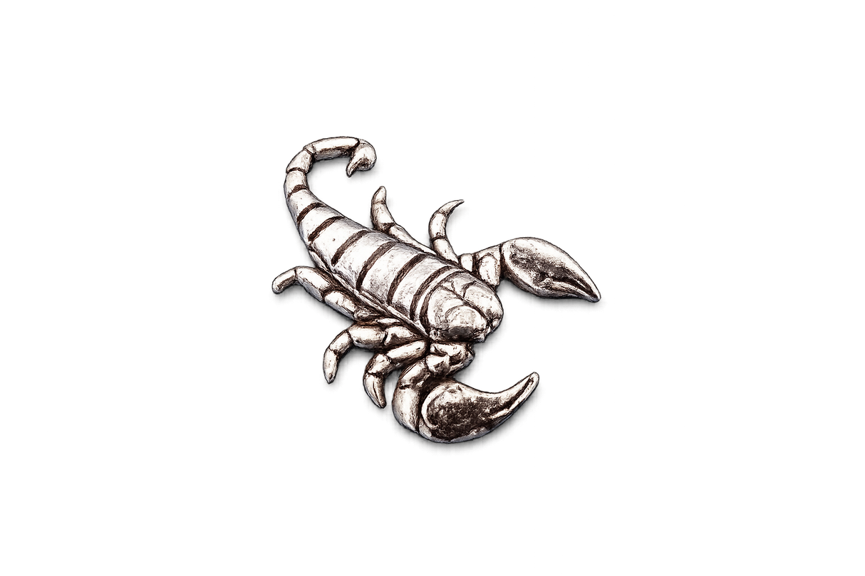 Handcrafted pewter scorpion pin badge featuring a detailed arachnid design with butterfly clutch fastening on a white background.