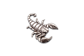 Handcrafted pewter scorpion pin badge featuring a detailed arachnid design with butterfly clutch fastening on a white background.
