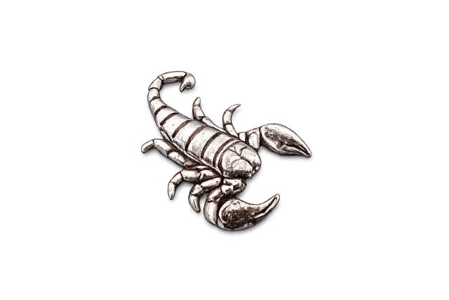 Handcrafted pewter scorpion pin badge featuring a detailed arachnid design with butterfly clutch fastening on a white background.