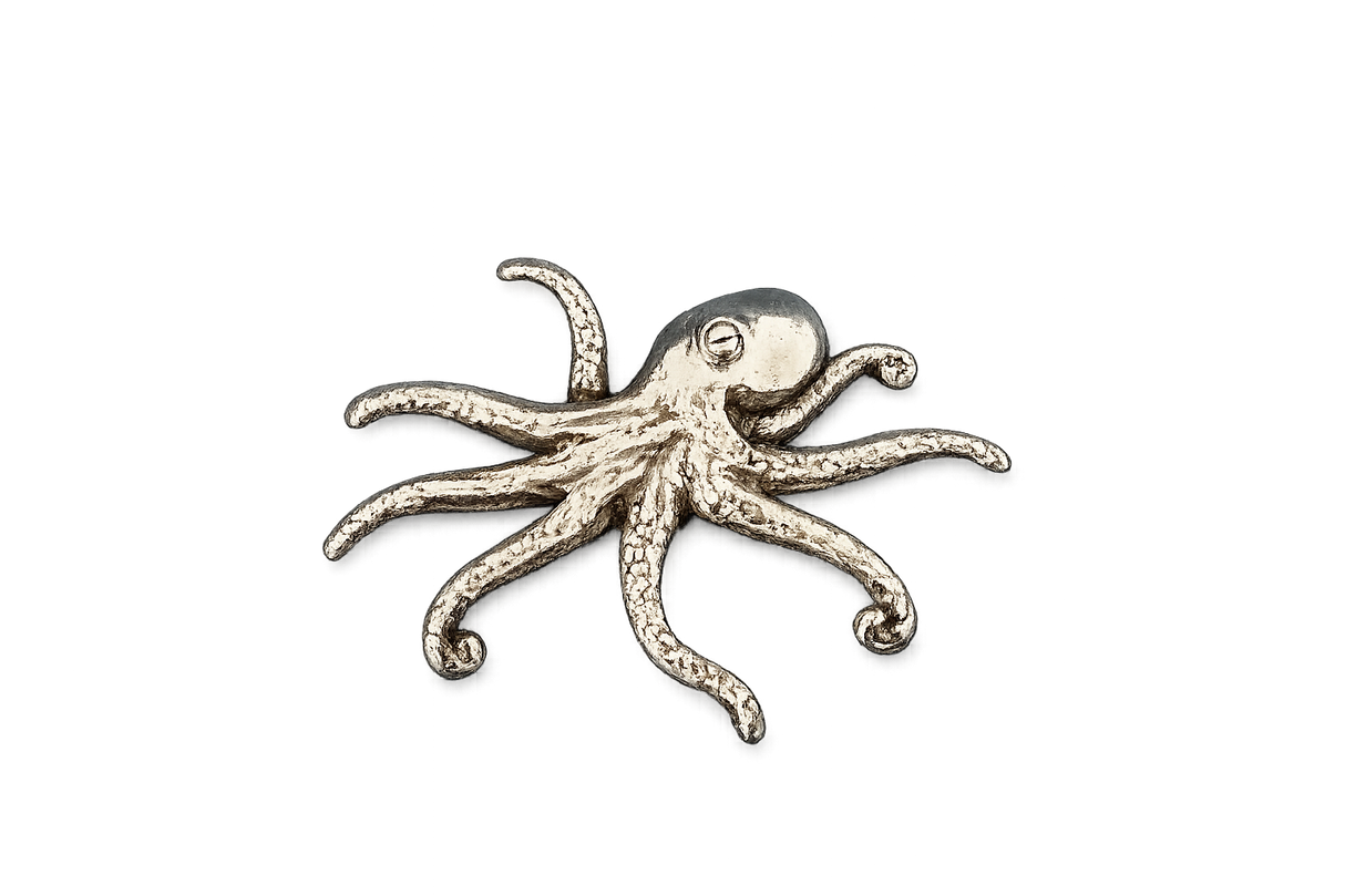 Detailed pewter Octopus pin badge featuring eight flowing tentacles with butterfly clutch fastening on a white background.