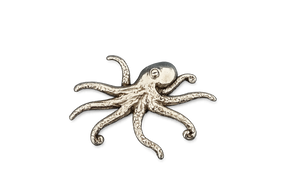 Detailed pewter Octopus pin badge featuring eight flowing tentacles with butterfly clutch fastening on a white background.