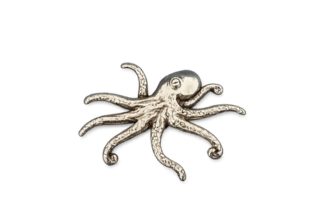 Detailed pewter Octopus pin badge featuring eight flowing tentacles with butterfly clutch fastening on a white background.