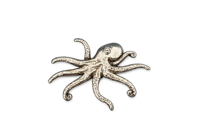 Detailed pewter Octopus pin badge featuring eight flowing tentacles with butterfly clutch fastening on a white background.