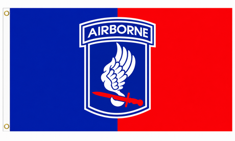 173rd Airborne flag with wing and bayonet emblem on blue and red, 5ft x 3ft