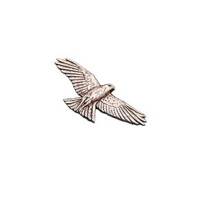 Handcrafted pewter osprey pin badge featuring an osprey in flight carrying a fish.